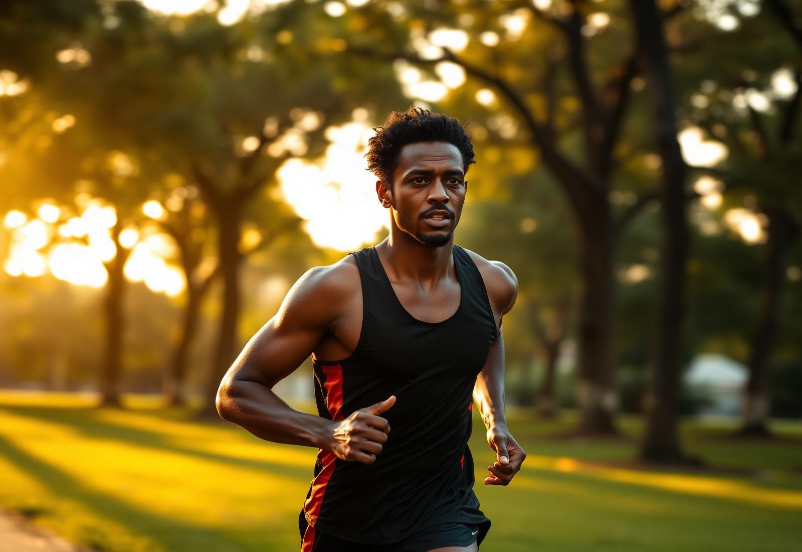 Atleta brasileiro correndo em parque ao amanhecer
